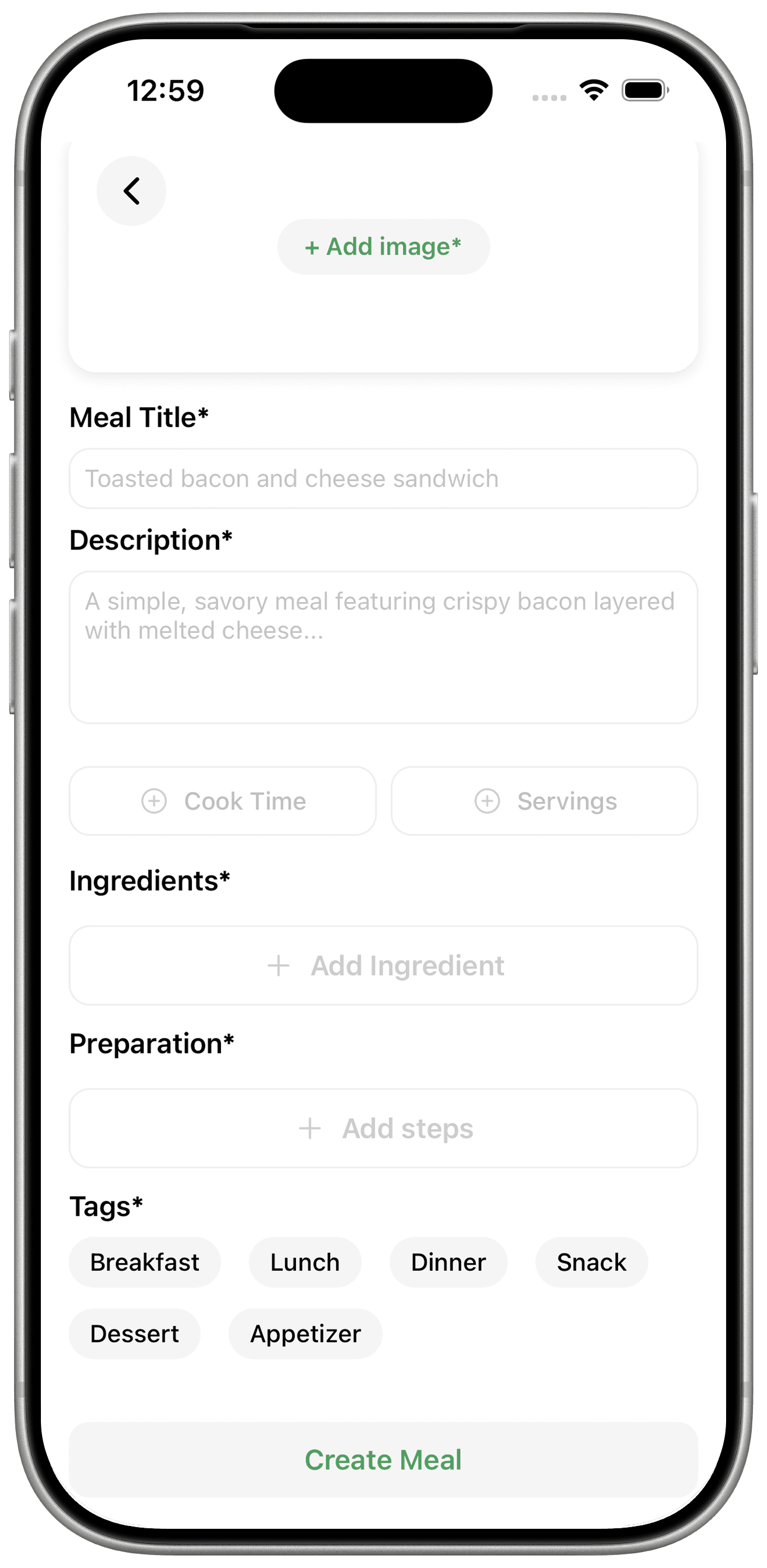 Gobble Guide create meal screen
